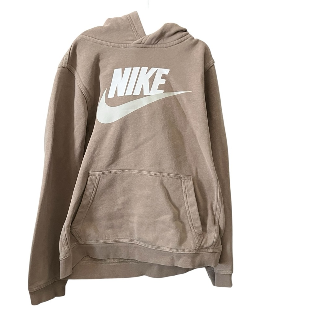 Nike Youth Large Tan‎ Hoodie White Swoosh Logo Pullover Sweatshirt